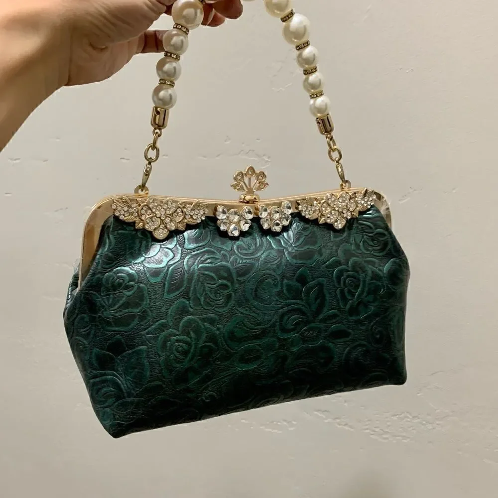 Handmade Genuine Leather Floral Embossed Push-lock Wristlet/Crossbody/Eveningbag